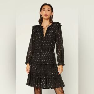 Anthropologie Current Air Ruffled Black Gold Metallic Long Sleeve Dress XS NWT